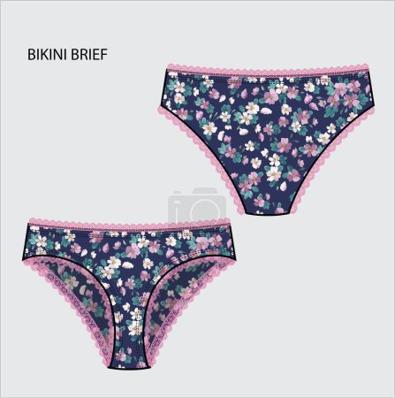 Illustration for FLORAL BIKINI BRIEF WITH LACE FOR WOMEN AND GIRLS WEAR VECTOR - Royalty Free Image
