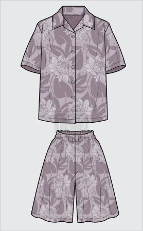 Illustration for TROPICAL PRINT TOP AND LONG SHORTS MATCHING NIGHTWEAR SET FOR WOMEN AND TEEN GIRLS WEAR VECTOR - Royalty Free Image