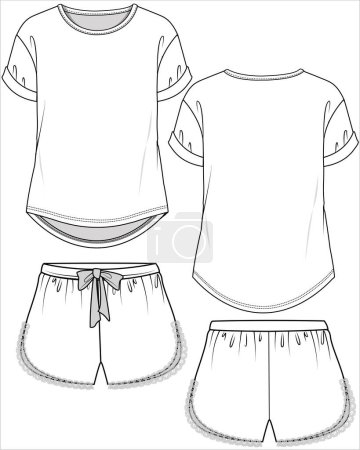 Illustration for WOMEN TEE AND LACY BOYSHORTS NIGHTWEAR SET IN EDITABLE VECTOR FILE - Royalty Free Image