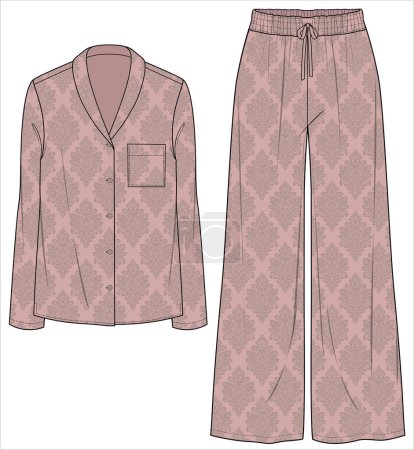 Illustration for SHAWL COLLAR TOP WITH WIDE LEG BOTTOM SATIN MATCHING PYJAMA SET FOR WOMEN IN EDITABLE VECTOR FILE - Royalty Free Image