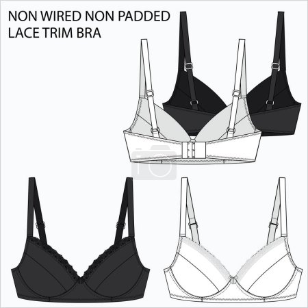 Illustration for Technical Sketch of NON WIRED NON PADDED LACE TRIM BRA in black and white color fashion flat editable vector sketch - Royalty Free Image