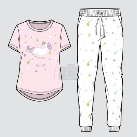 Illustration for UNICORN GRAPHIC TOP AND STARS SEAMLESS PATTERN BOTTOM PYJAMA SET FOR WOMEN TEENS AND KID GIRLS WEAR - Royalty Free Image