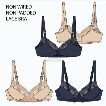 Illustration for Technical Sketch of NON WIRED NON PADDED LACE BRA in beige and navy color fashion flat editable vector sketch - Royalty Free Image