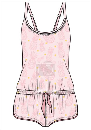 Illustration for WOMEN PINEAPPLE PRINT KNIT TEDDY PLAYSUIT NIGHTWEAR IN EDITABLE VECTOR FILE - Royalty Free Image
