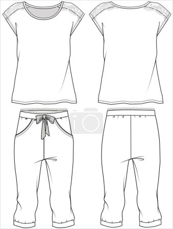Illustration for WOMEN LACY TEE AND CAPRI JOGGERS NIGHTWEAR SET IN EDITABLE VECTOR FILE - Royalty Free Image