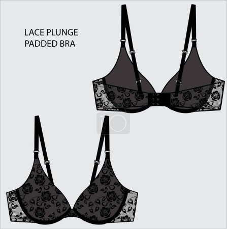 Illustration for BLACK LACE PADDED BRA FOR WOMEN WEAR VECTOR - Royalty Free Image