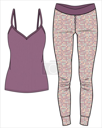 Illustration for RIBBED TEES AND SEAMLESS PAJAMA SET WOMEN AND TEEN GIRLS IN EDITABLE VECTOR FILE - Royalty Free Image