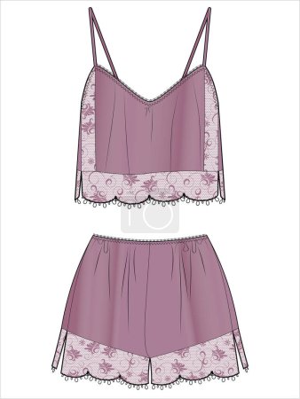 Illustration for WOMENS CAMI AND SHORTS SATIN MATCHING NIGHTWEAR SET IN EDITABLE VECTOR FILE - Royalty Free Image