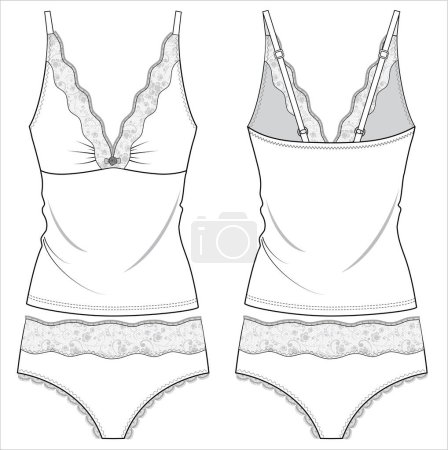 Illustration for LACE CAMI AND SHORTS FLAT SKETCH OF NIGHTWEAR SET FOR WOMEN AND TEEN GIRLS IN EDITABLE VECTOR FILE - Royalty Free Image