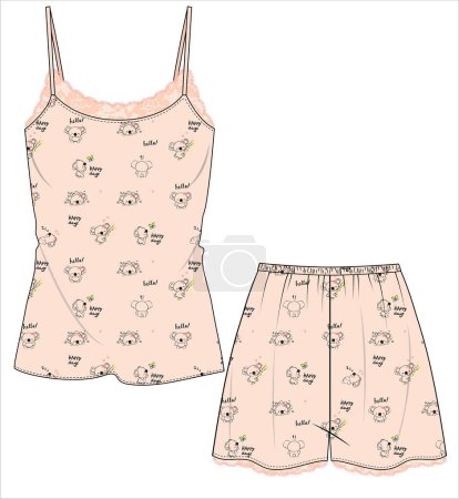 Illustration for WOMEN TEE AND SHORTS IN KOALA SEAMLES PRINT NIGHTWEAR SET IN EDITABLE VECTOR FILE - Royalty Free Image