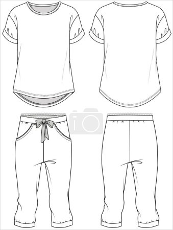 Illustration for WOMEN TEE AND CAPRI JOGGERS NIGHTWEAR SET IN EDITABLE VECTOR FILE - Royalty Free Image