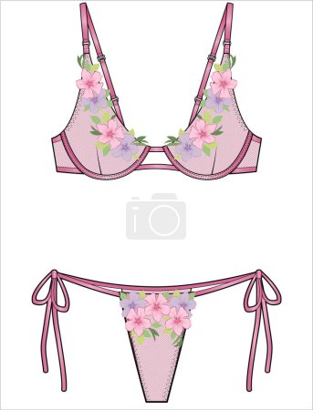 Illustration for 3D Embroidered Lace Mesh Bra And Panty Set FOR WOMEN IN EDITABLE VECTOR FILE - Royalty Free Image