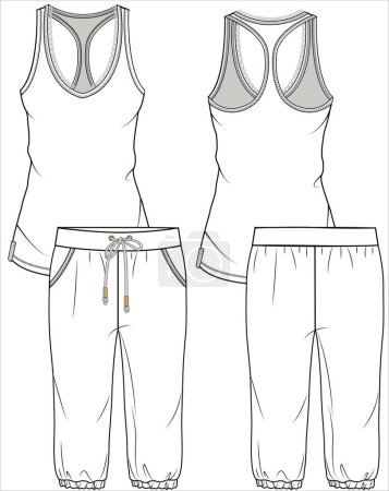 Illustration for WOMEN RACER BACK TANK AND CAPRI JOGGERS NIGHTWEAR SET IN EDITABLE VECTOR FILE - Royalty Free Image