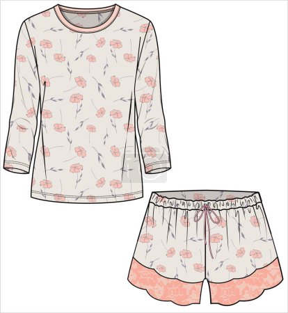 Illustration for WOMEN TEE AND SHORTS IN FLORAL PRINT WITH LACE DETAIL NIGHTWEAR SET IN EDITABLE VECTOR FILE - Royalty Free Image