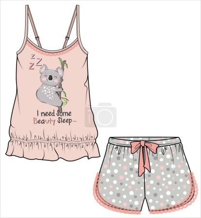 Illustration for WOMEN TEE AND SHORTS IN KOALA GRAPHIC NIGHTWEAR SET IN EDITABLE VECTOR FILE - Royalty Free Image