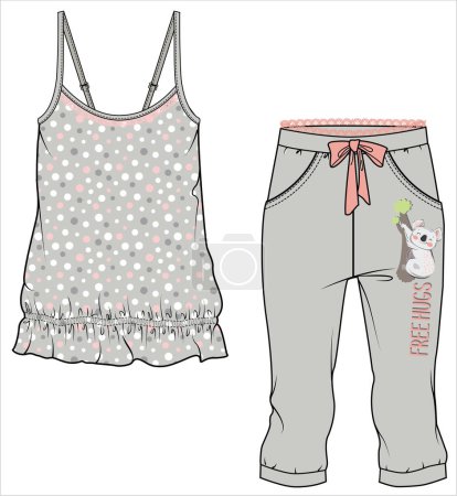 Illustration for WOMEN TANK AND CAPRI JOGGERS WITH KOALA GRAPHIC NIGHTWEAR SET IN EDITABLE VECTOR FILE - Royalty Free Image