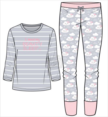 Illustration for WOMEN STRIPED TEE AND JOGGERS WITH CLOUD PRINT NIGHTWEAR SET IN EDITABLE VECTOR FILE - Royalty Free Image