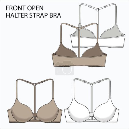 Illustration for Technical Sketch of FRONT OPEN HALTER STRAP BRA in beige and white color fashion flat editable vector sketch. - Royalty Free Image