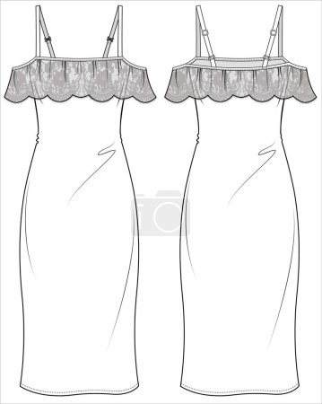 Illustration for WOMENS OFF SHOULDER LACE SLIP NIGHTWEAR IN EDITABLE VECTOR FILE - Royalty Free Image