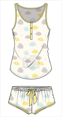 Illustration for DOODLE SEAMLESS PRINT CAMI AND BOY SHORTS NIGHTWEAR SET FOR WOMEN AND TEEN GIRLS IN EDITABLE VECTOR FILE - Royalty Free Image