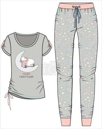 Illustration for WOMEN TEE AND JOGGERS WITH SHEEP GRAPHIC NIGHTWEAR SET IN EDITABLE VECTOR FILE - Royalty Free Image