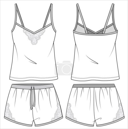 Illustration for WOMENS CAMI AND PANTY LACY NIGHTWEAR SET IN EDITABLE VECTOR FILE - Royalty Free Image