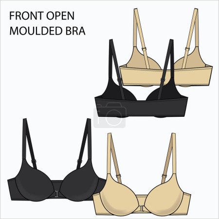 Illustration for Technical Sketch of FRONT OPEN MOULDED BRA in beige and black color fashion flat editable vector sketch. - Royalty Free Image