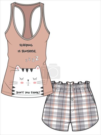 Illustration for WOMENS TANK AND CHECK BOY SHORT NIGHTWEAR SET IN EDITABLE VECTOR FILE - Royalty Free Image