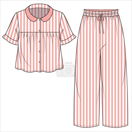 Illustration for KID GIRLS AND TEEN GIRLS STRIPE PATTERN MATCHING TOP AND PAJAMA SET IN EDITABLE VECTOR FILES - Royalty Free Image