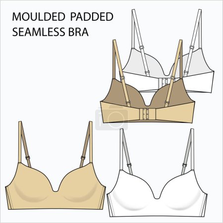 Illustration for Technical Sketch of MOULDED PADDED SEAMLESS BRA in beige and white color. Editable vector file of fashion flat sketch. - Royalty Free Image