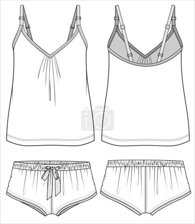 Illustration for CAMI WITH GATHERS AND KNIT BOY SHORTS NIGHTWEAR SET FOR WOMEN AND TEEN GIRLS IN EDITABLE VECTOR FILE - Royalty Free Image
