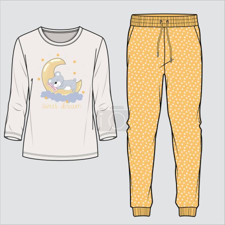 Téléchargez les illustrations : SLEEP GRAPHIC TOP AND SEAMLESS POLKA BOTTOM PAJAMA SET FOR KID AND TEEN GIRLS WEAR VECTOR - en licence libre de droit