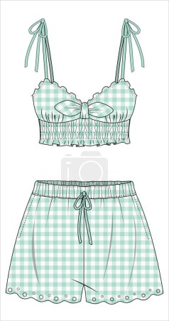 Illustration for WOVEN MATCHING NIGHTWEAR TANK AND SHORT IN GINGHAM CHECK FOR WOMEN IN EDITABLE VECTOR FILE - Royalty Free Image
