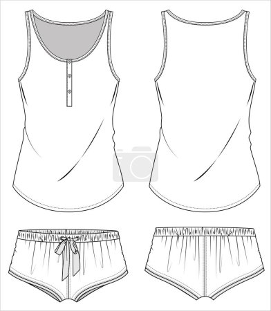 Illustration for SLEEVLESS TEE WITH PLACKET AND KNIT SHORTS NIGHTWEAR SET FOR WOMEN AND TEEN GIRLS IN EDITABLE VECTOR FILE - Royalty Free Image
