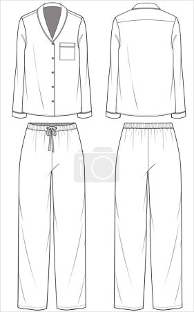 Illustration for SHAWL COLLAR LONG SLEEVES TOP WITH STRAIGHT FIT BOTTOM PYJAMA SET FOR WOMEN IN EDITABLE VECTOR FILE - Royalty Free Image