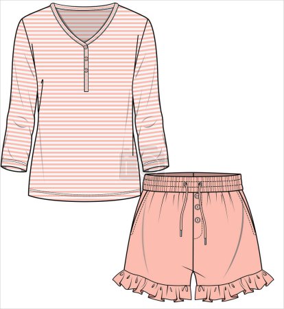 Illustration for WOMEN AND TEEN GIRLS TEES AND SHORTS NIGHTWEAR SET IN EDITABLE VECTOR FILE - Royalty Free Image