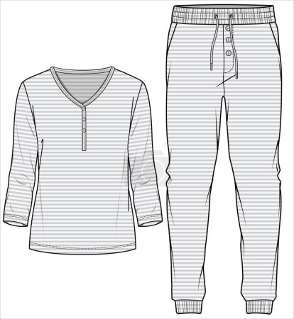 Illustration for WOMEN STRIPE TEE AND JOGGERS WITH FRONT PLACKET NIGHTWEAR SET IN EDITABLE VECTOR FILE - Royalty Free Image