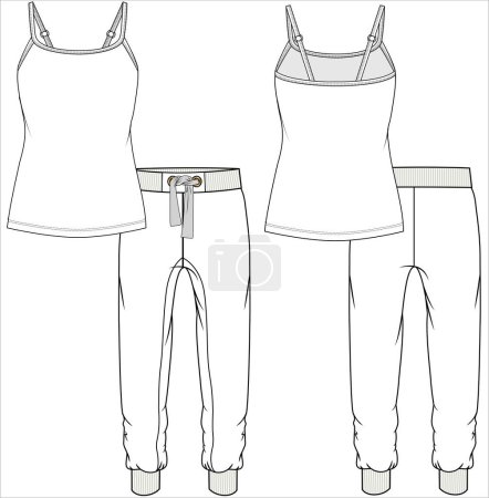 Illustration for WOMEN CAMI AND JOGGERS NIGHTWEAR SET IN EDITABLE VECTOR FILE - Royalty Free Image
