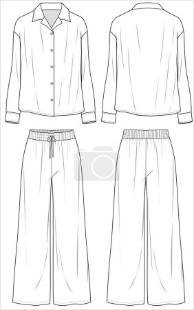 Illustration for RESORT COLLAR LONG SLEEVES TOP WITH FLARED BOTTOM MATCHING PYJAMA SET FOR WOMEN IN EDITABLE VECTOR FILE - Royalty Free Image