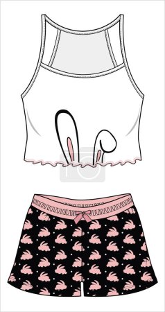 Illustration for RIBBED CAMI WITH AND PRINTED SHORTS NIGHTWEAR SET FOR WOMEN AND TEEN GIRLS IN EDITABLE VECTOR FILE - Royalty Free Image