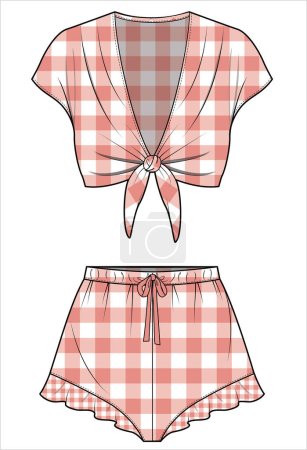 Illustration for WOVEN NIGHTWEAR TIE UP TOP AND SHORT IN GINGHAM CHECK FOR WOMEN IN EDITABLE VECTOR FILE - Royalty Free Image