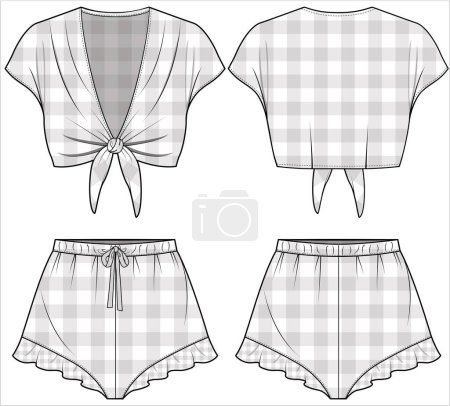 Illustration for WOVEN TIE UP TOP AND SHORT IN GINGHAM CHECK FOR WOMEN IN EDITABLE VECTOR FILE - Royalty Free Image