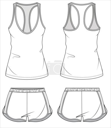 Illustration for RACER BACK TANK TEE WITH SPORTY SHORTS NIGHTWEAR SET FOR WOMEN AND TEEN GIRLS IN EDITABLE VECTOR FILE - Royalty Free Image