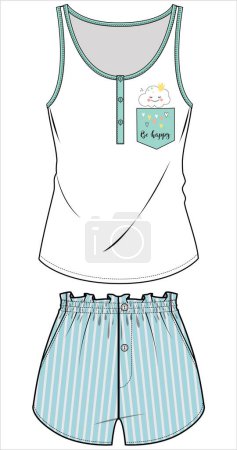 Illustration for CAMI WITH POCKET DETAIL AND WOVEN STRIPER SHORTS NIGHTWEAR SET FOR WOMEN AND TEEN GIRLS IN EDITABLE VECTOR FILE - Royalty Free Image