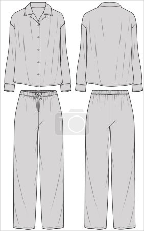 Illustration for RESORT COLLAR LONG SLEEVES TOP WITH STRAIGHT LEG BOTTOM MATCHING PYJAMA SET FOR WOMEN IN EDITABLE VECTOR FILE - Royalty Free Image