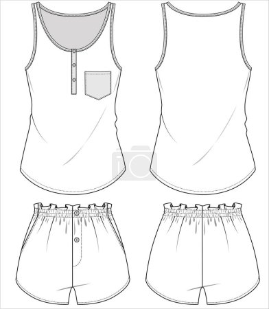 Illustration for SLEEVLESS TEE WITH PLACKET AND CONTRAST POCKET AND KNIT SHORTS NIGHTWEAR SET FOR WOMEN AND TEEN GIRLS IN EDITABLE VECTOR FILE - Royalty Free Image