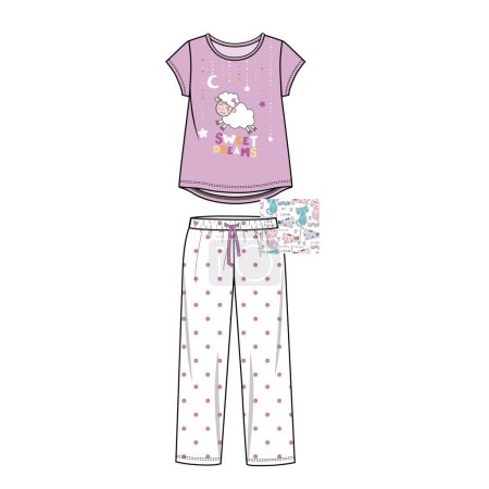 Illustration for KID GIRLS AND TEEN GIRLS TEES AND PAJAMA SET VECTOR - Royalty Free Image