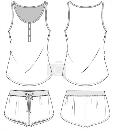 Illustration for SLEEVELESS TEE WITH PLACKET AND KNIT BOY SHORTS NIGHTWEAR SET FOR WOMEN AND TEEN GIRLS IN EDITABLE VECTOR FILE - Royalty Free Image