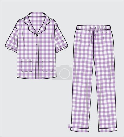 Illustration for KID GIRLS AND TEEN GIRLS GINGHAM PATTERN TOP AND PAJAMA SET VECTOR - Royalty Free Image