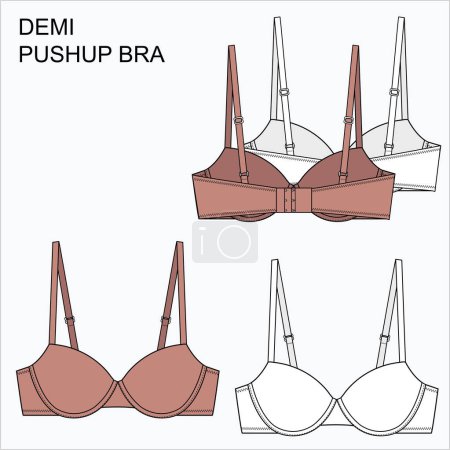 Illustration for Fashion flat sketch of DEMI PADDED BRA underwear in editable vector file - Royalty Free Image